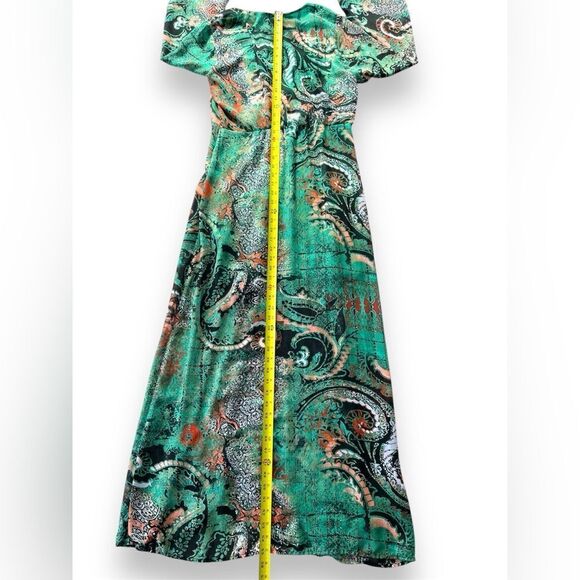 ECI NY Paisley Chiffon High Slit Maxi Dress Teal Aqua 8 Boho 70s Ethereal Chic - Picture 7 of 10